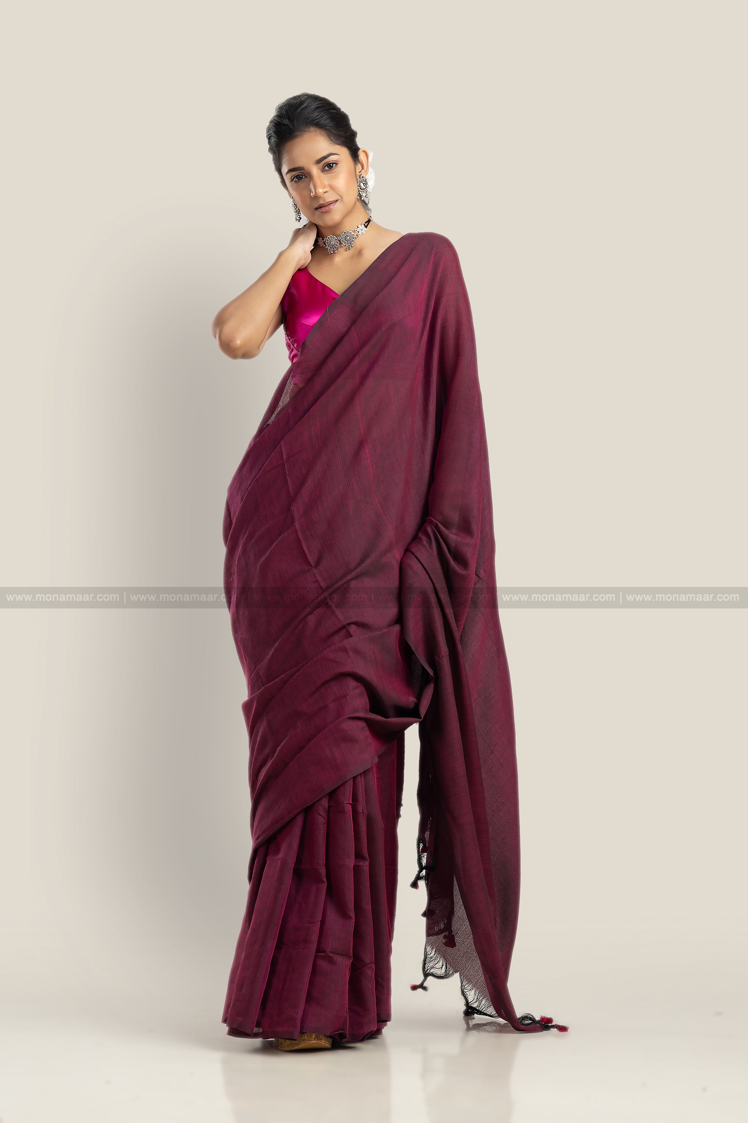 Vipas: Cotton Handloom Saree with Kantha Embroidery - Purple