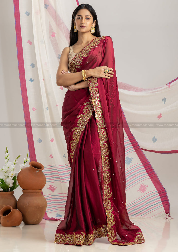 Weaving Banarasi Silk Classic Designer Saree in Maroon | Saree, Maroon saree,  Silk sarees