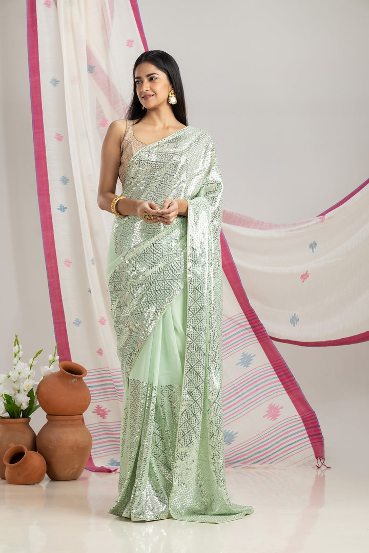 Pista Designer Sequins Saree