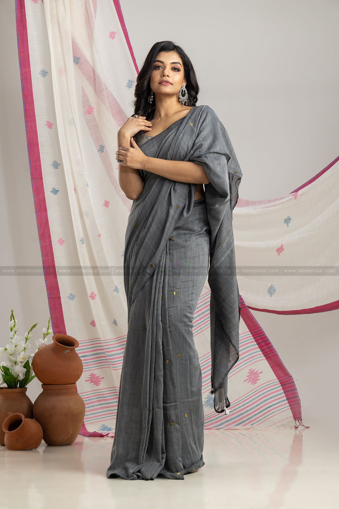 Gray Coin Bengal Khadi Saree