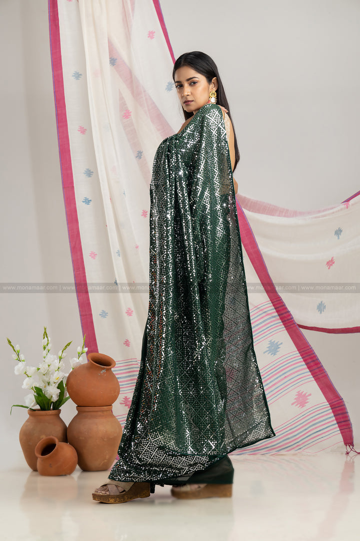 Pine Green Sequins Saree