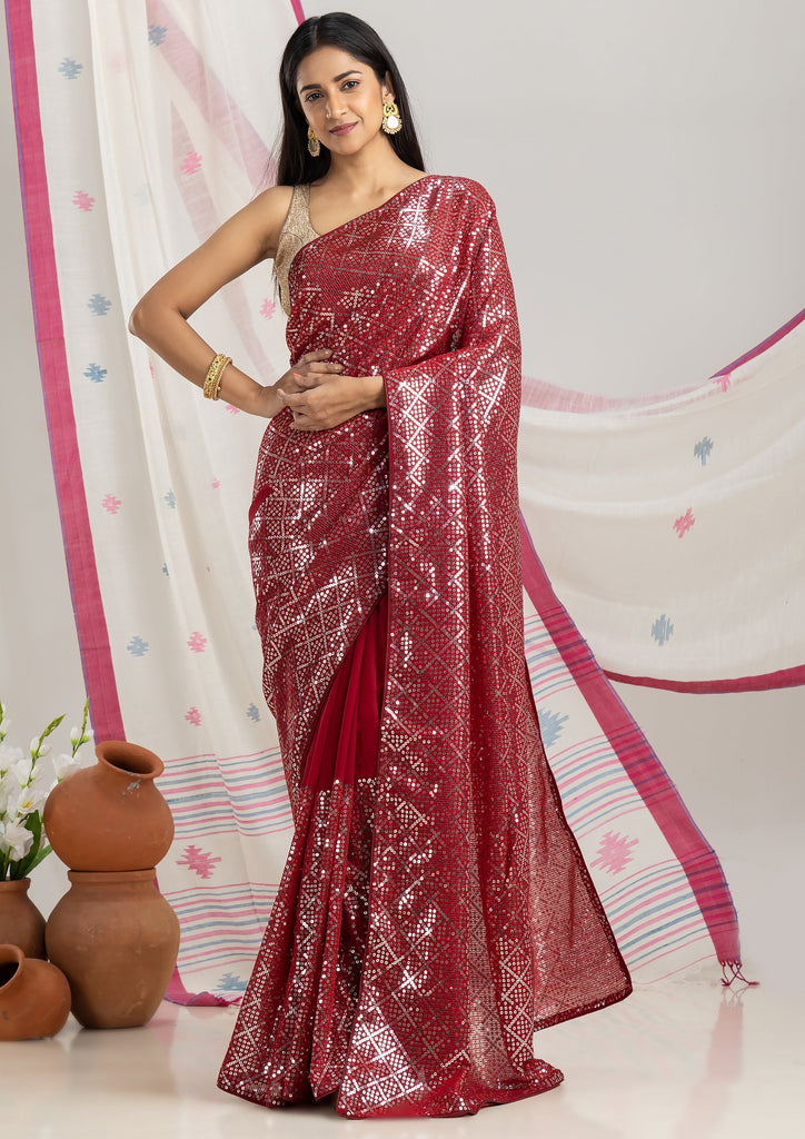 Red Sequins Saree