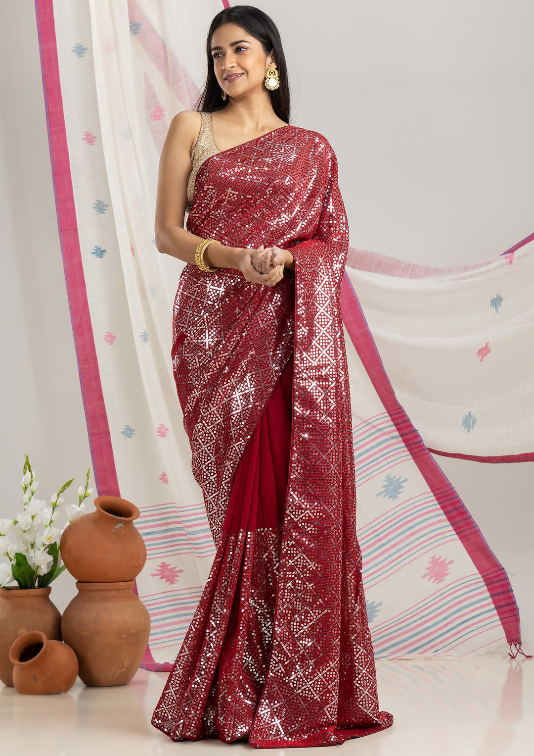 Red Sequins Saree