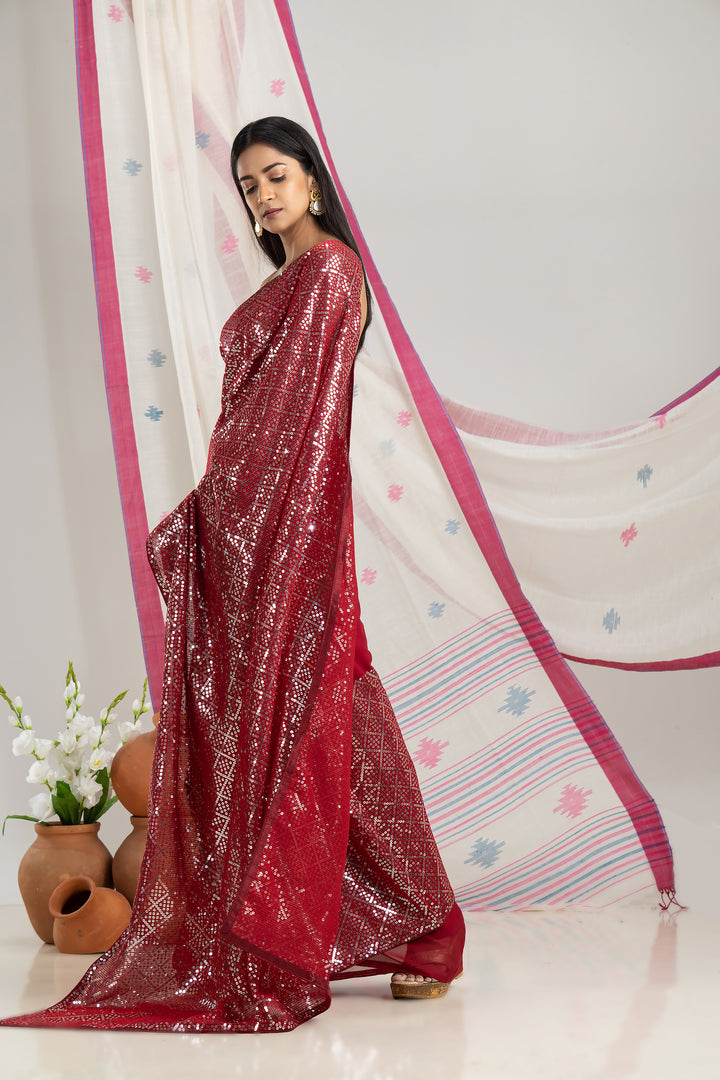 Red Sequins Saree