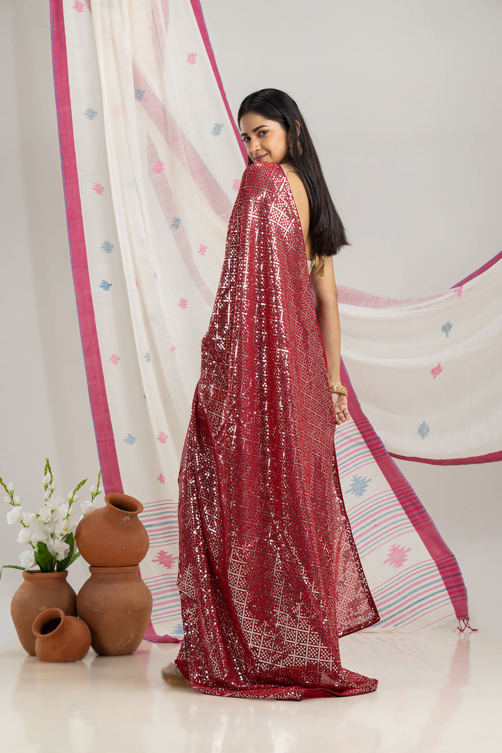 Red Sequins Saree