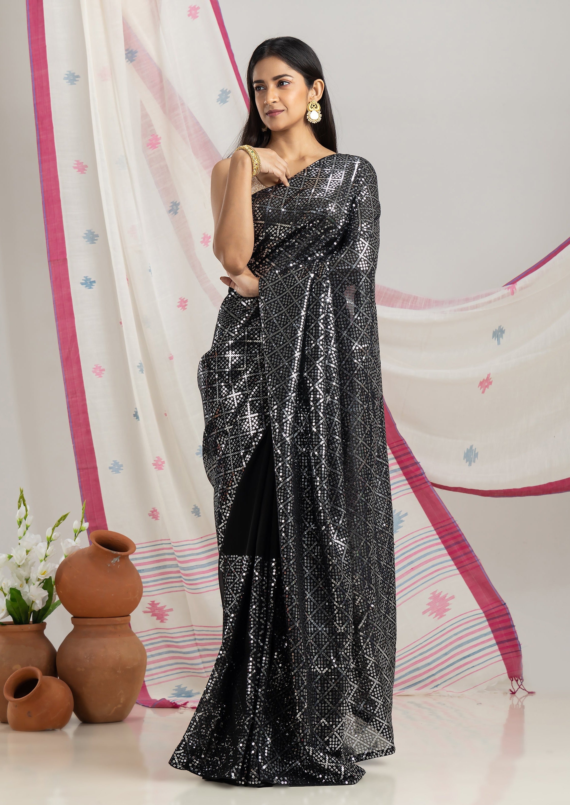 Shop Black Sequined Embroidered Sari with Blouse Online in USA – Pure  Elegance