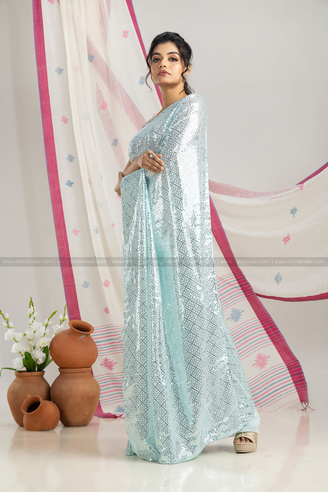 Ice Blue Sequins Saree