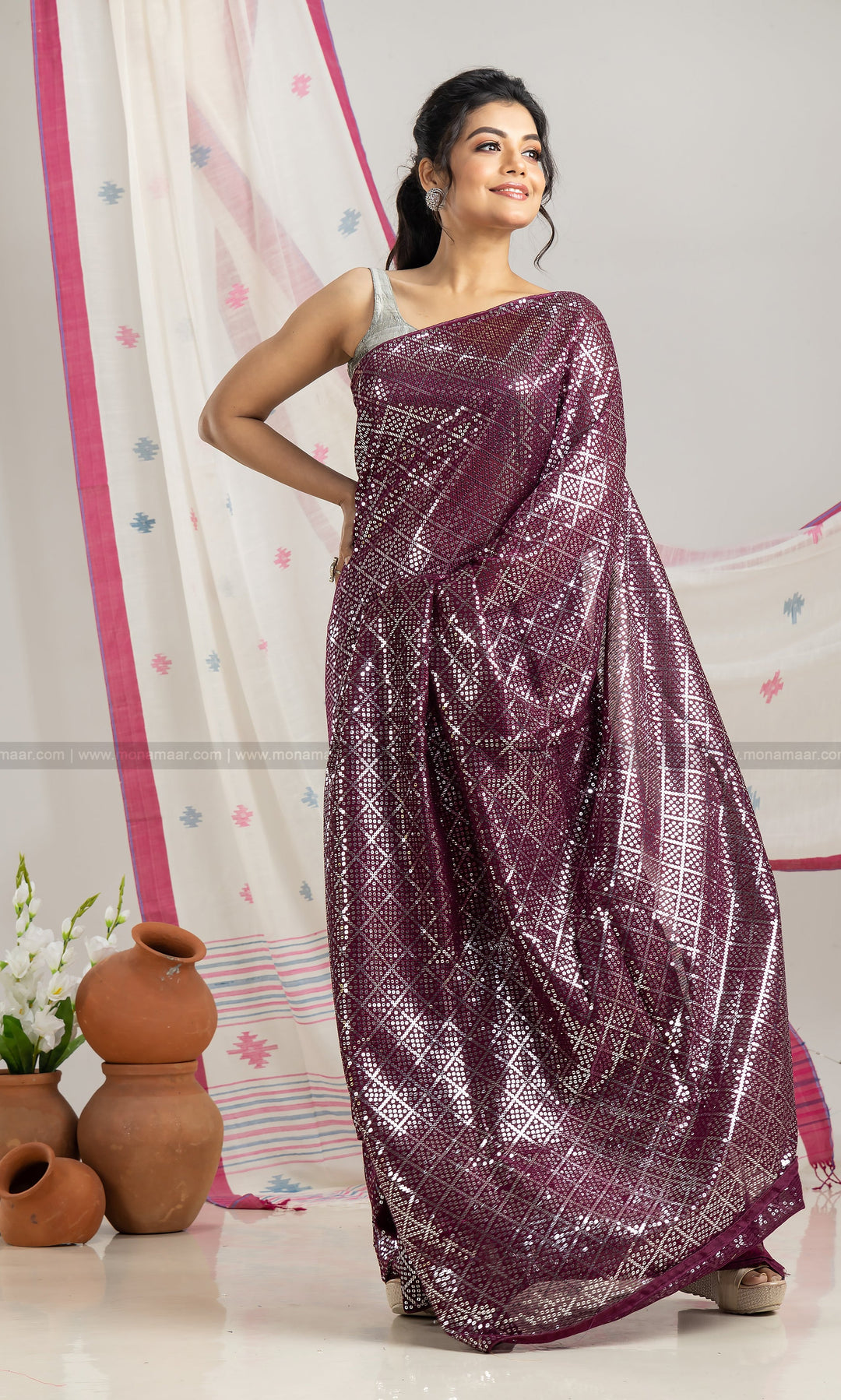 Wine Sequins Saree