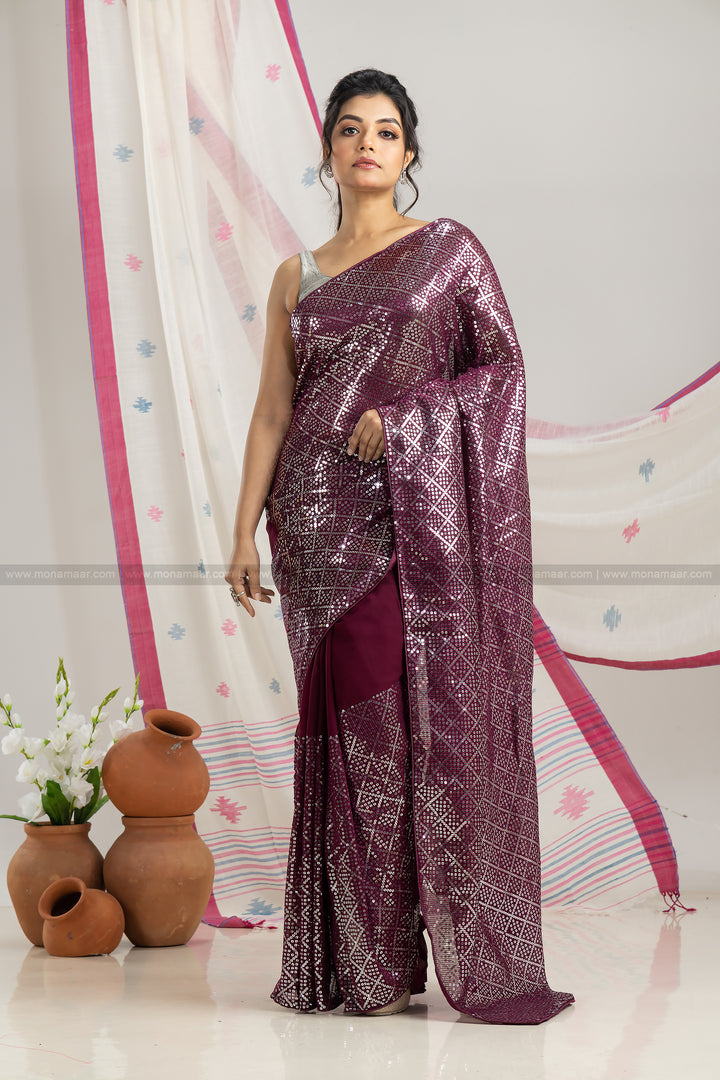 Wine Sequins Saree