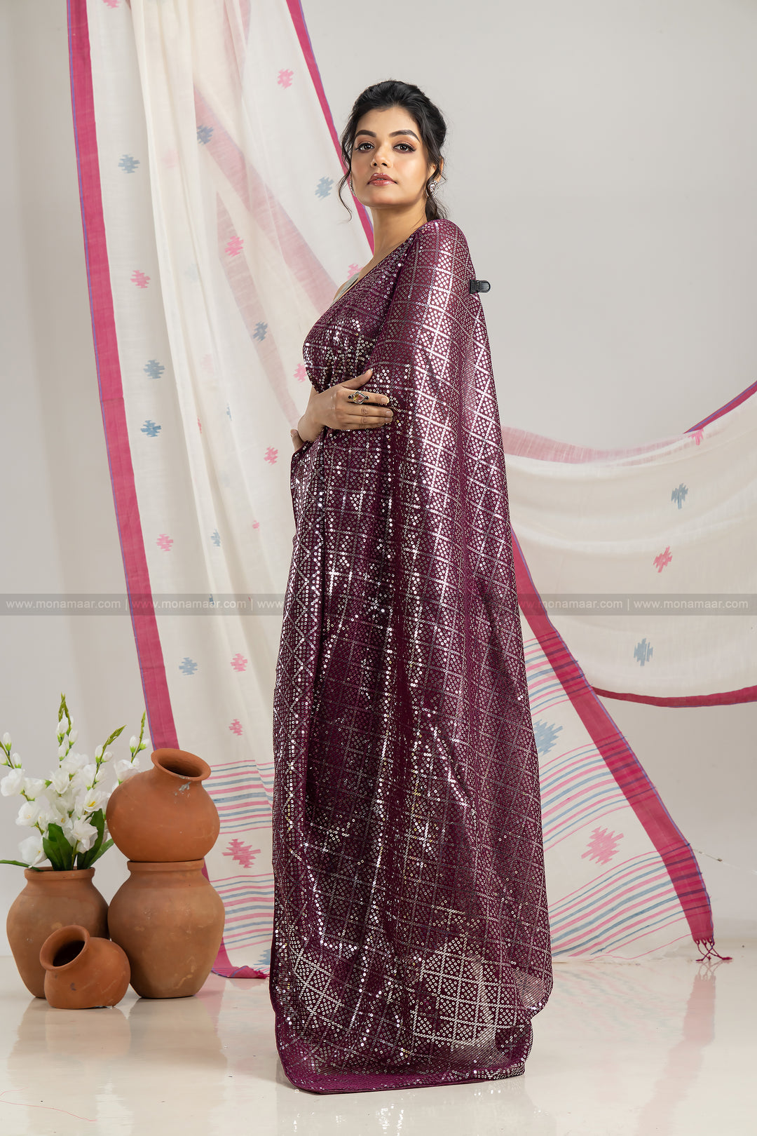 Wine Sequins Saree