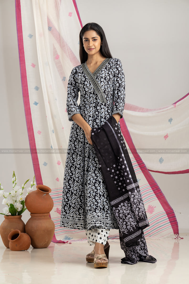 Black Printed Jaipur Kurti Set