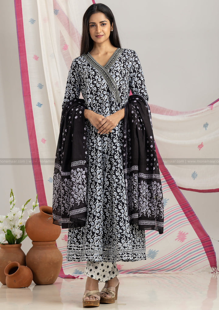 Black Printed Jaipur Kurti Set