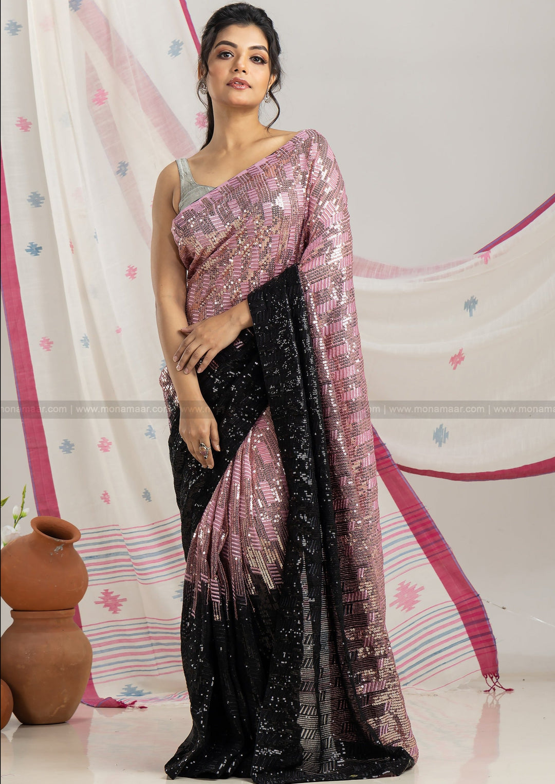 Coral Blush Sequin Saree