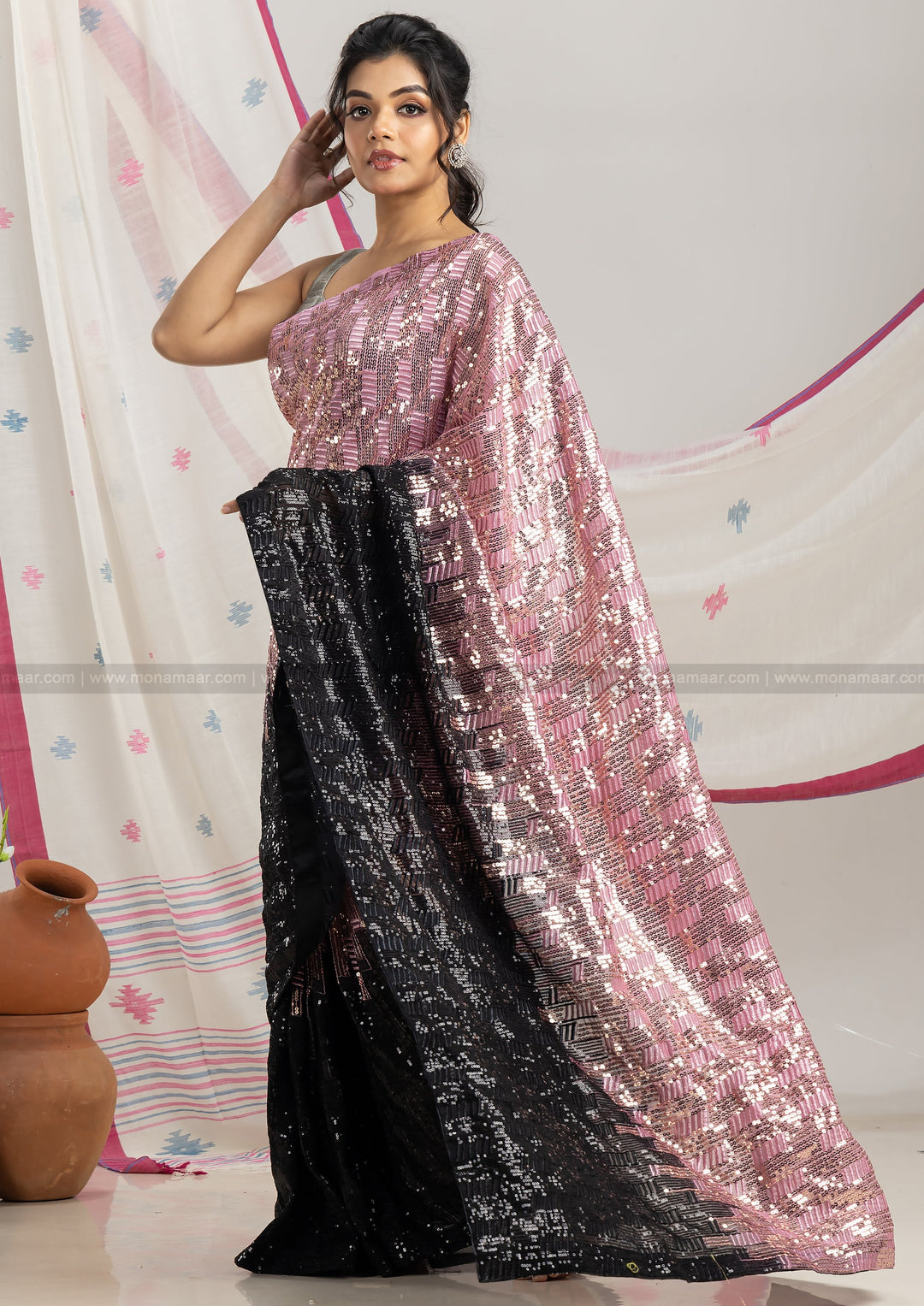 Coral Blush Sequin Saree