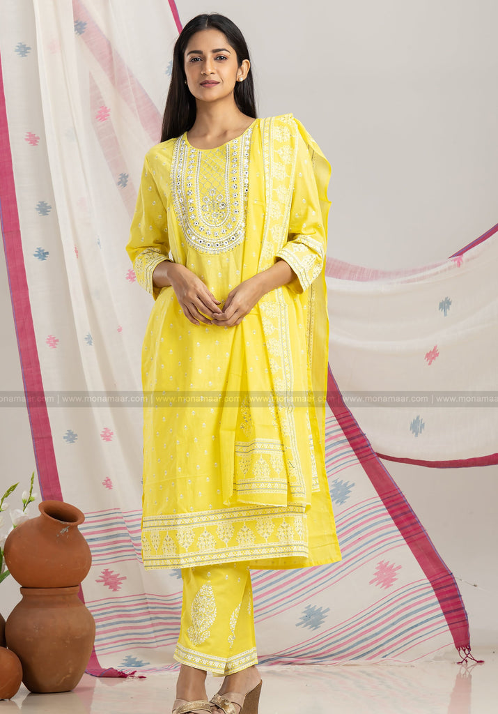 Yellow Embroidered Kurti Pant Dupatta Set