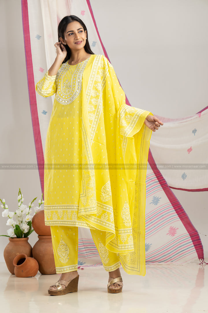 Yellow Embroidered Kurti Pant Dupatta Set