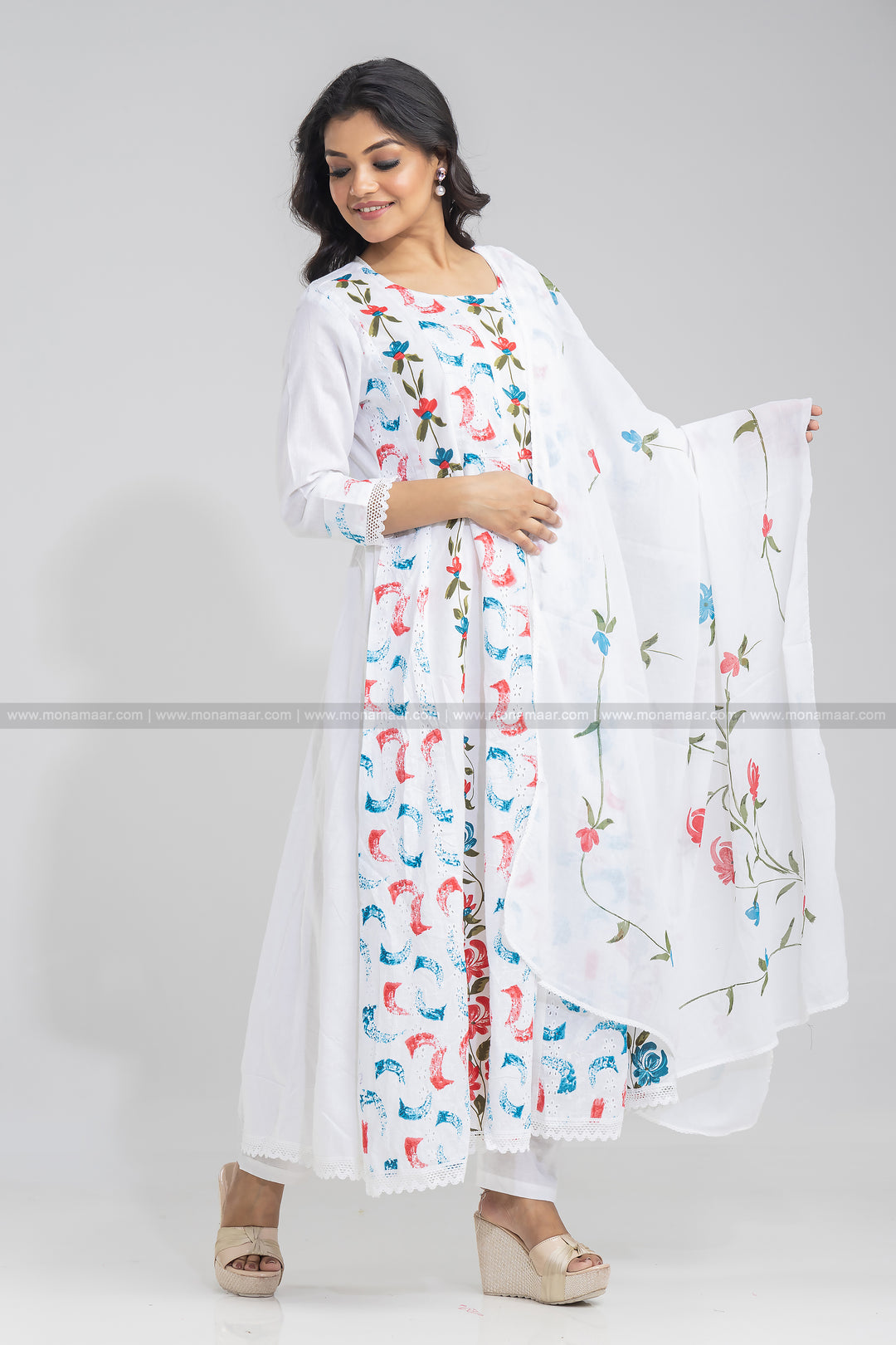 Anarkali Chickan Schiffli Kurti Set