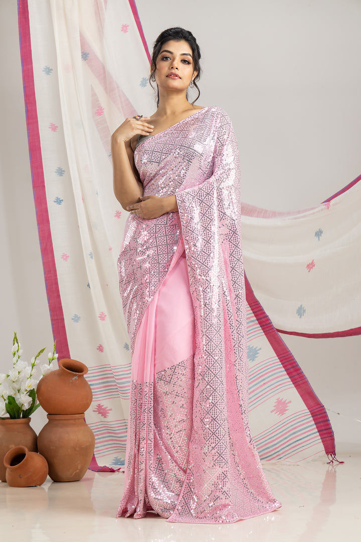 Baby Pink Sequins Saree