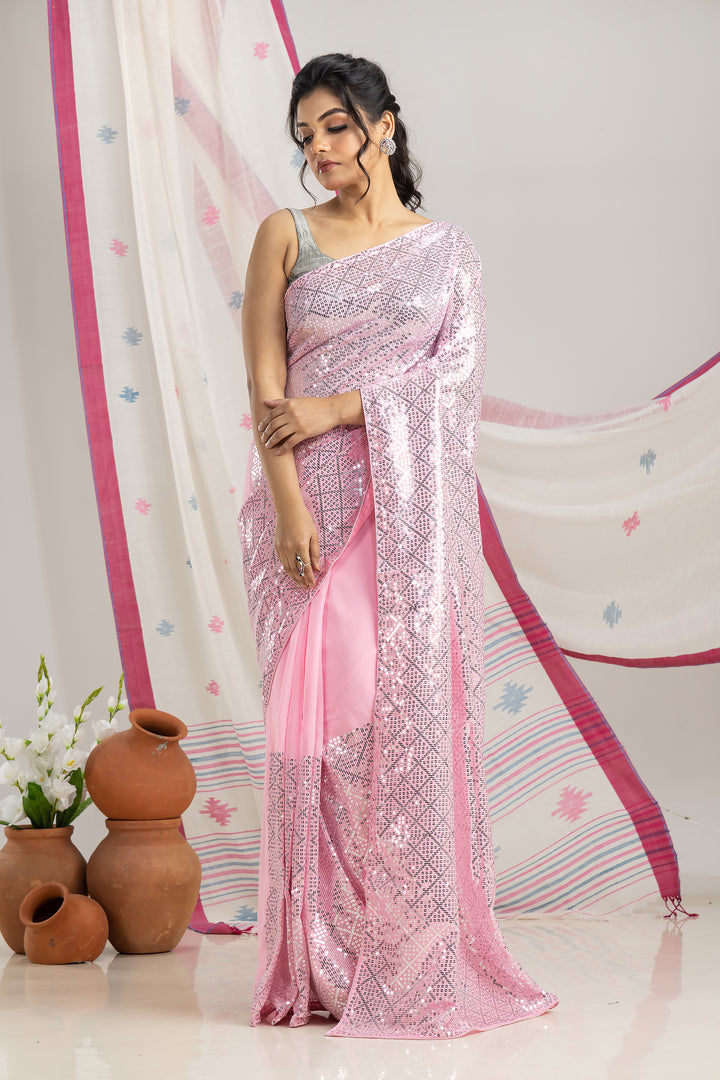 Baby Pink Sequins Saree