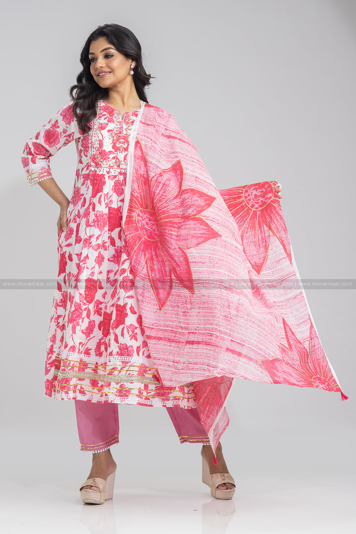 Rose Pink Floral Print Kurti Set