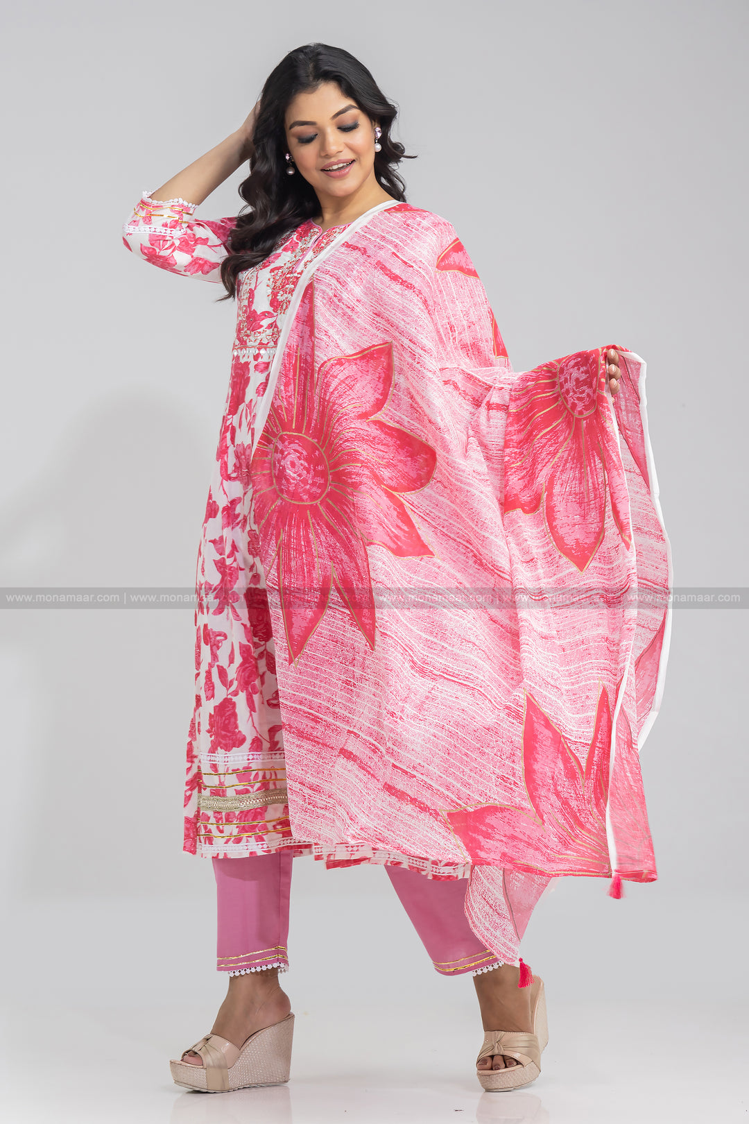 Rose Pink Floral Print Kurti Set