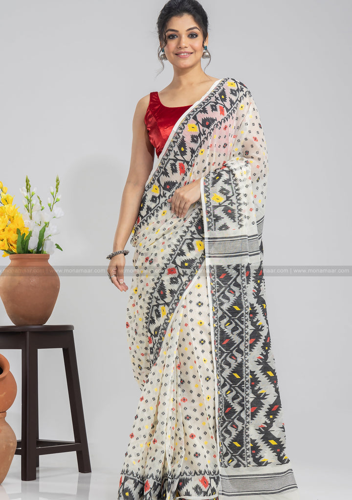 White and Black Dhakai Jamdani Saree