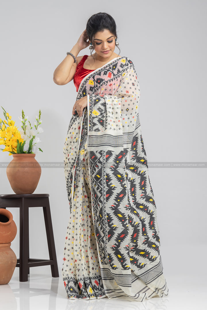 White and Black Dhakai Jamdani Saree