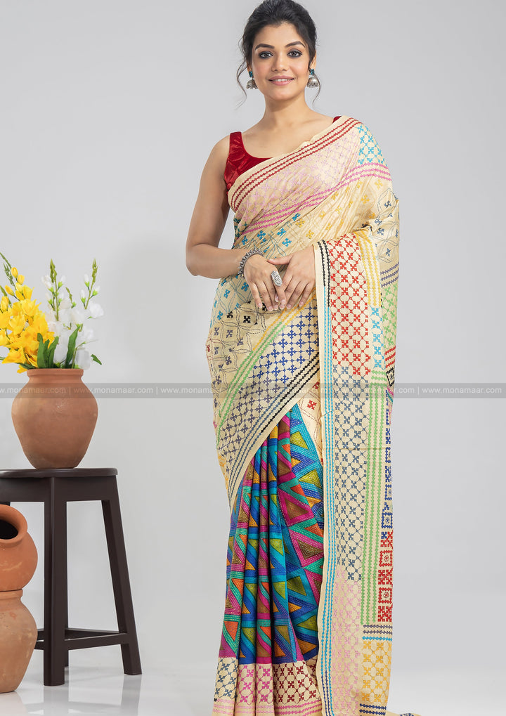 Butter Milk Color Gujarati Embroidery Saree