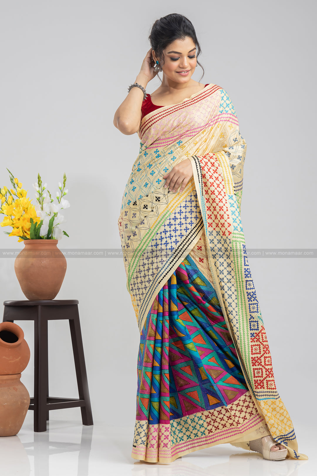 Butter Milk Color Gujarati Embroidery Saree