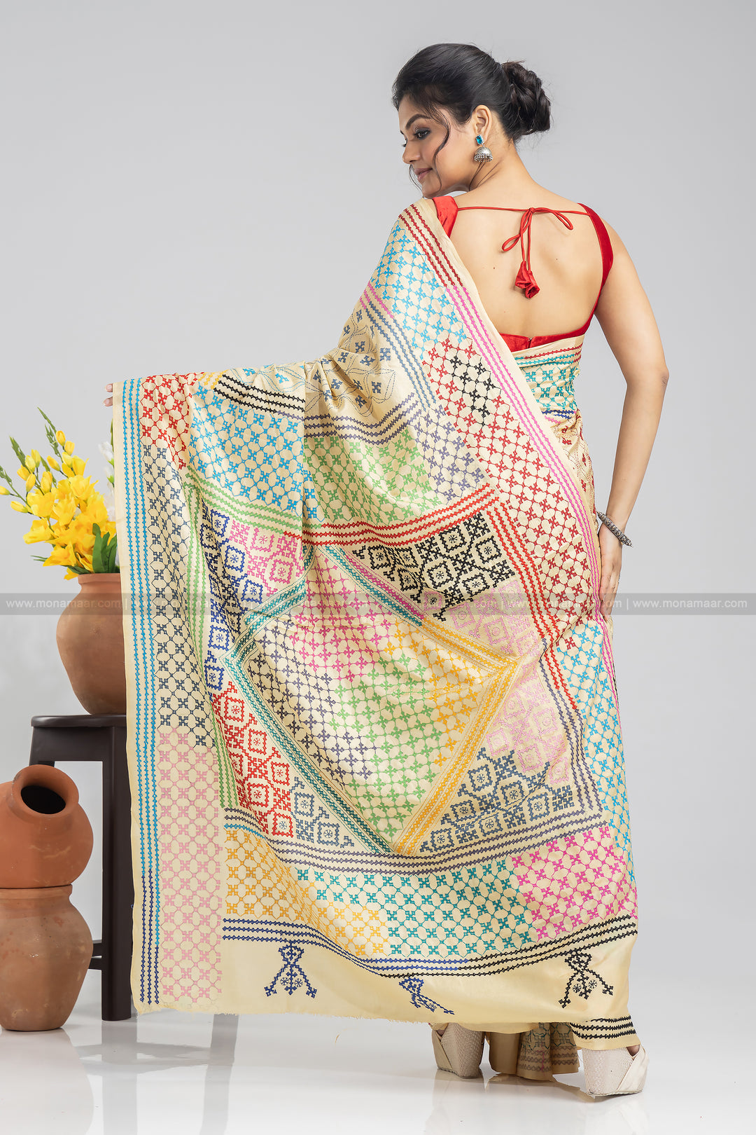 Butter Milk Color Gujarati Embroidery Saree