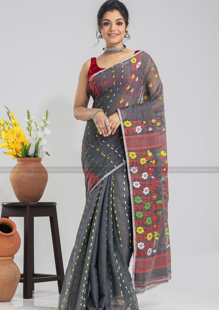 Grey Floral Dhakai Jamdani Saree