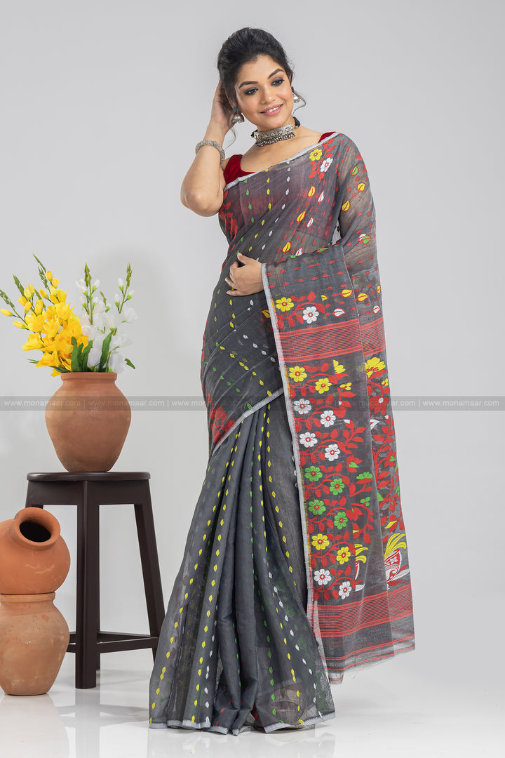 Grey Floral Dhakai Jamdani Saree