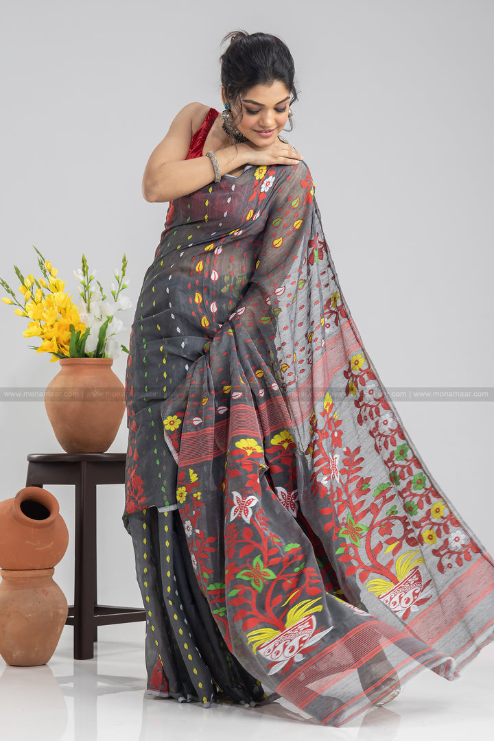 Grey Floral Dhakai Jamdani Saree