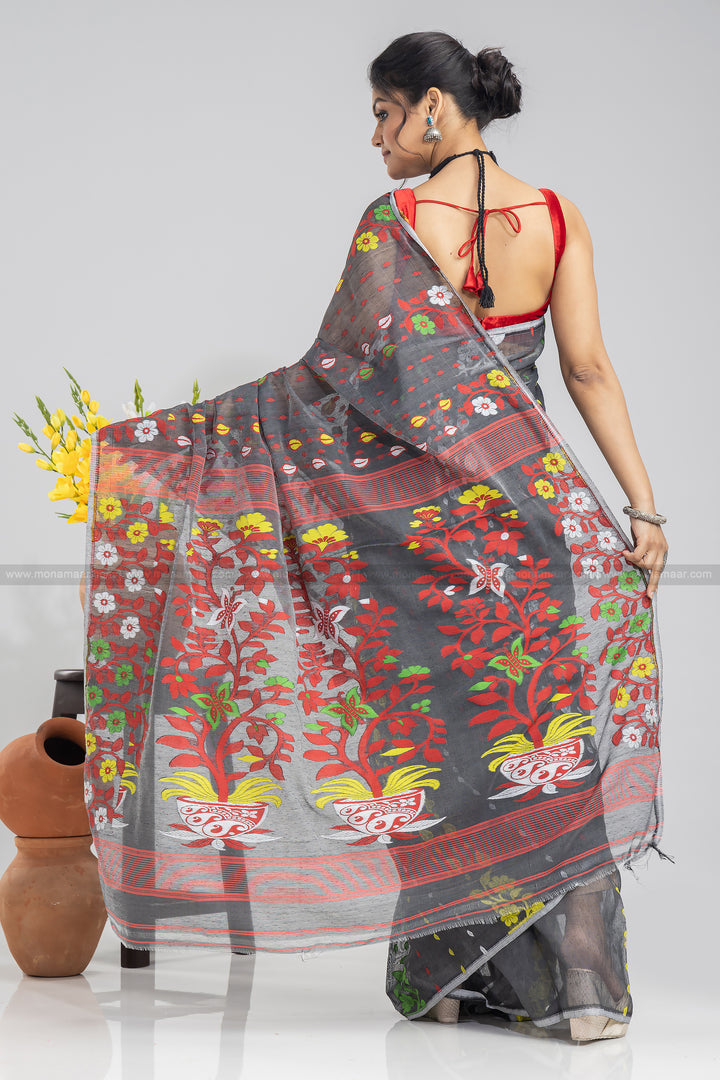 Grey Floral Dhakai Jamdani Saree