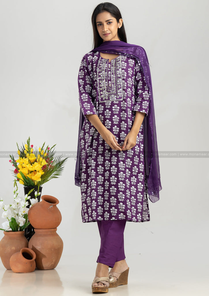 Buy Dark Purple Solid Kurta With Embroidery Online - Shop for W