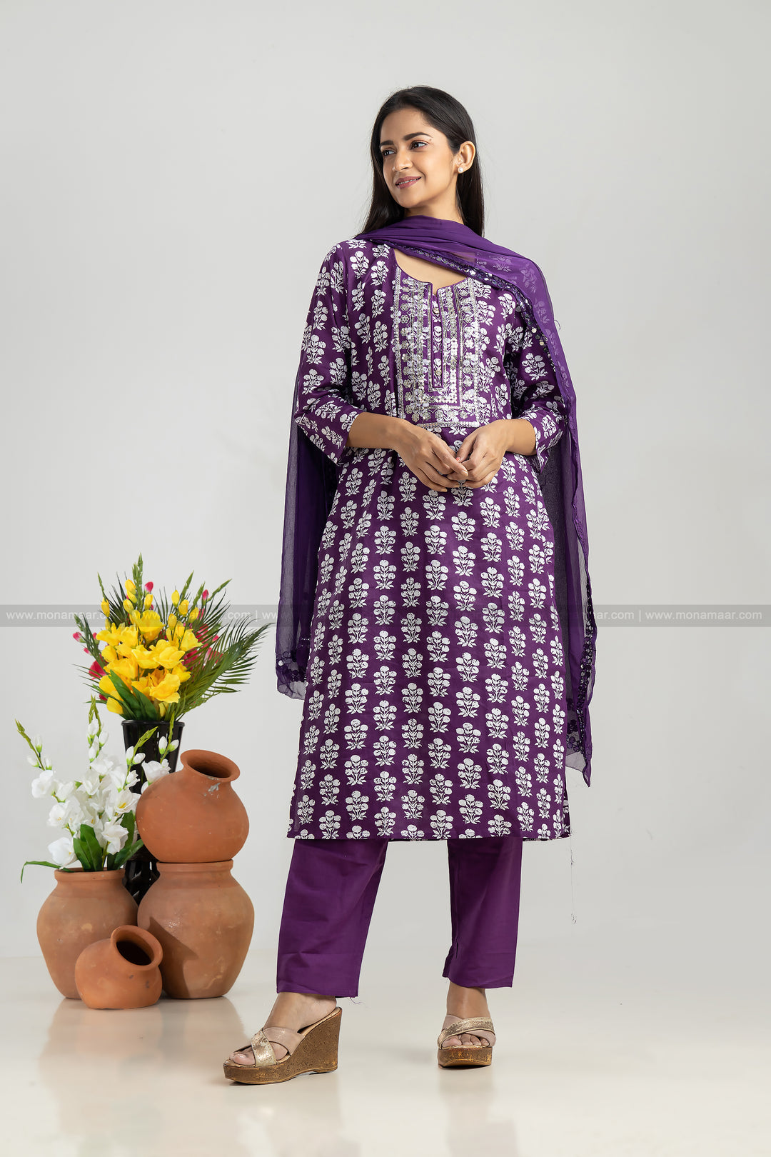 Dark Purple Kurti Pant Dupatta Set