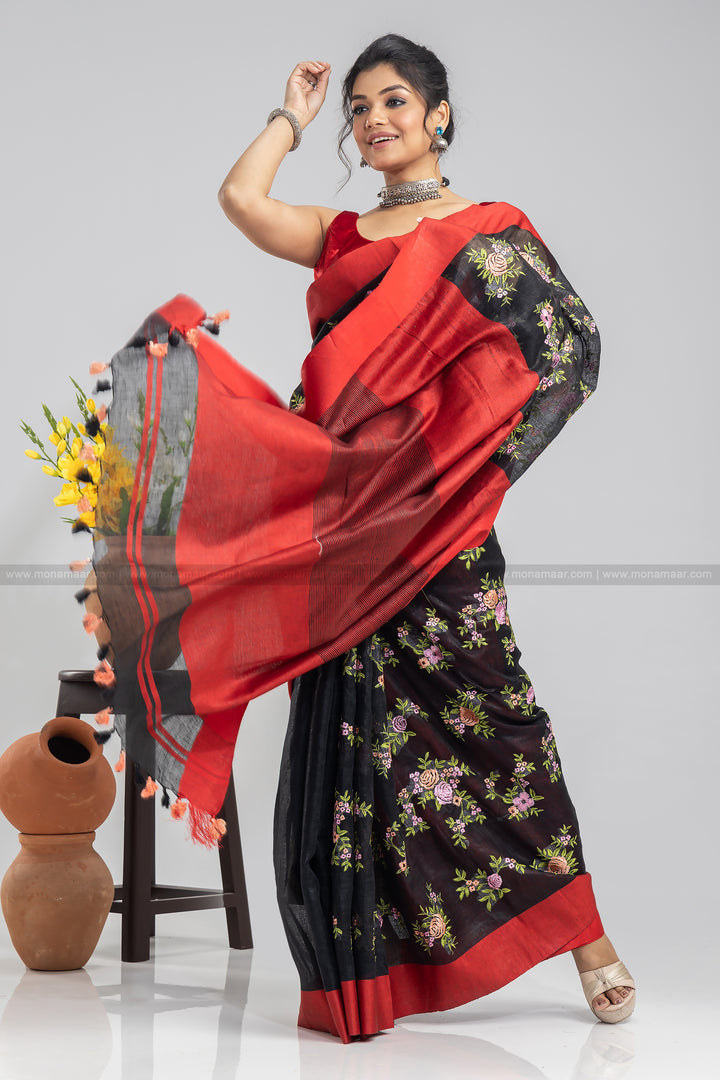 Linen Embroidery Saree