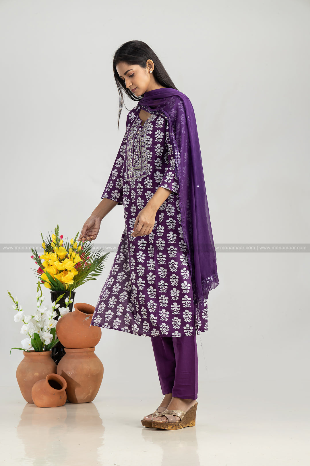 Dark Purple Kurti Pant Dupatta Set