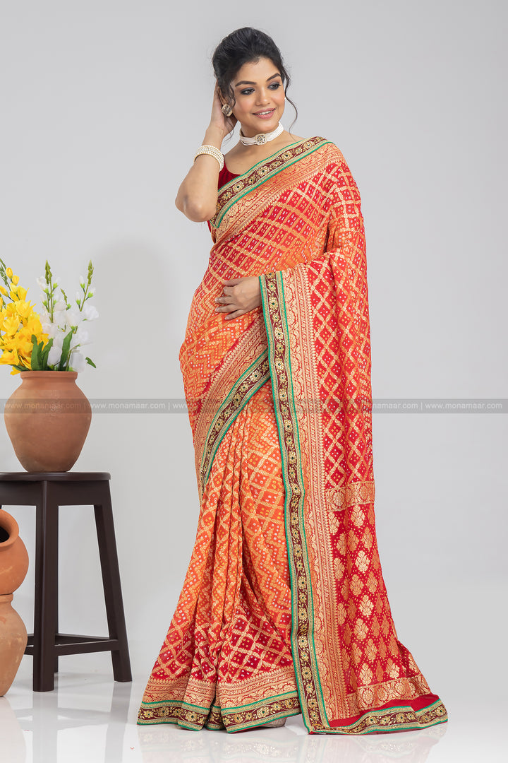 Khaddi Bandhani Georgette Banarasi Saree