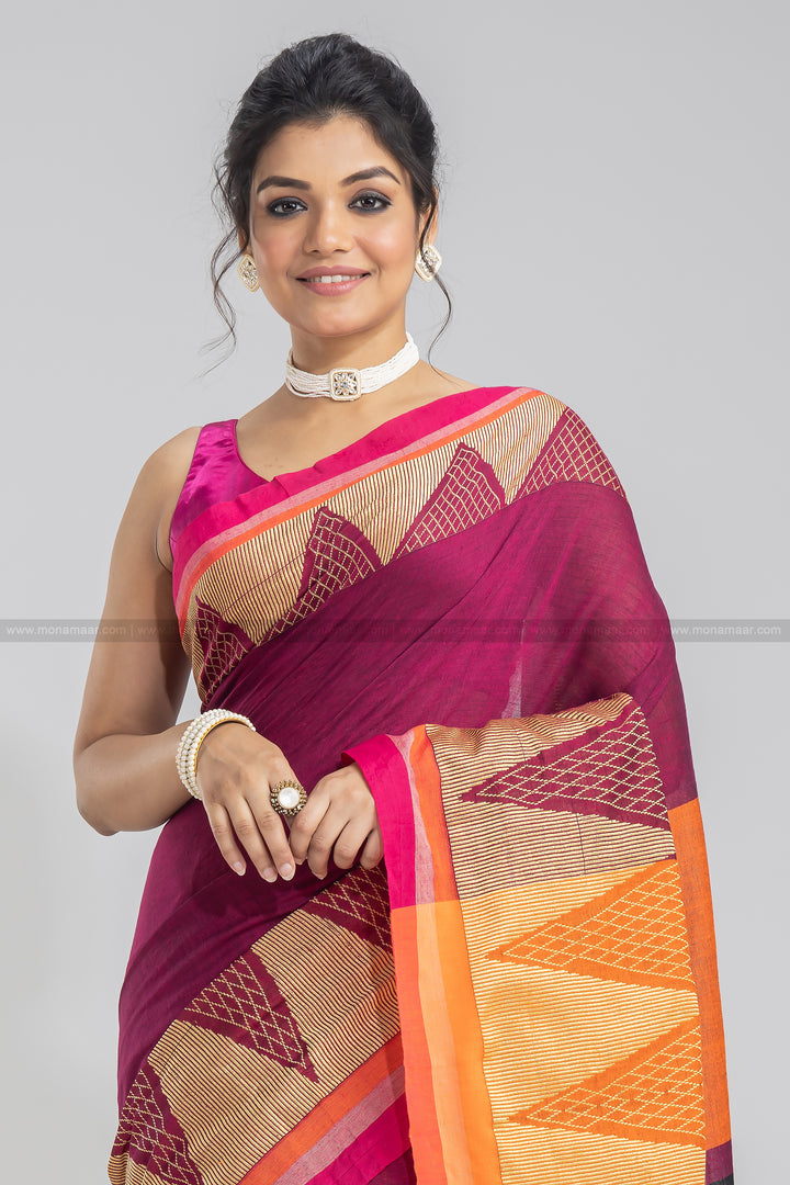 Wine Temple Border Khadi Saree