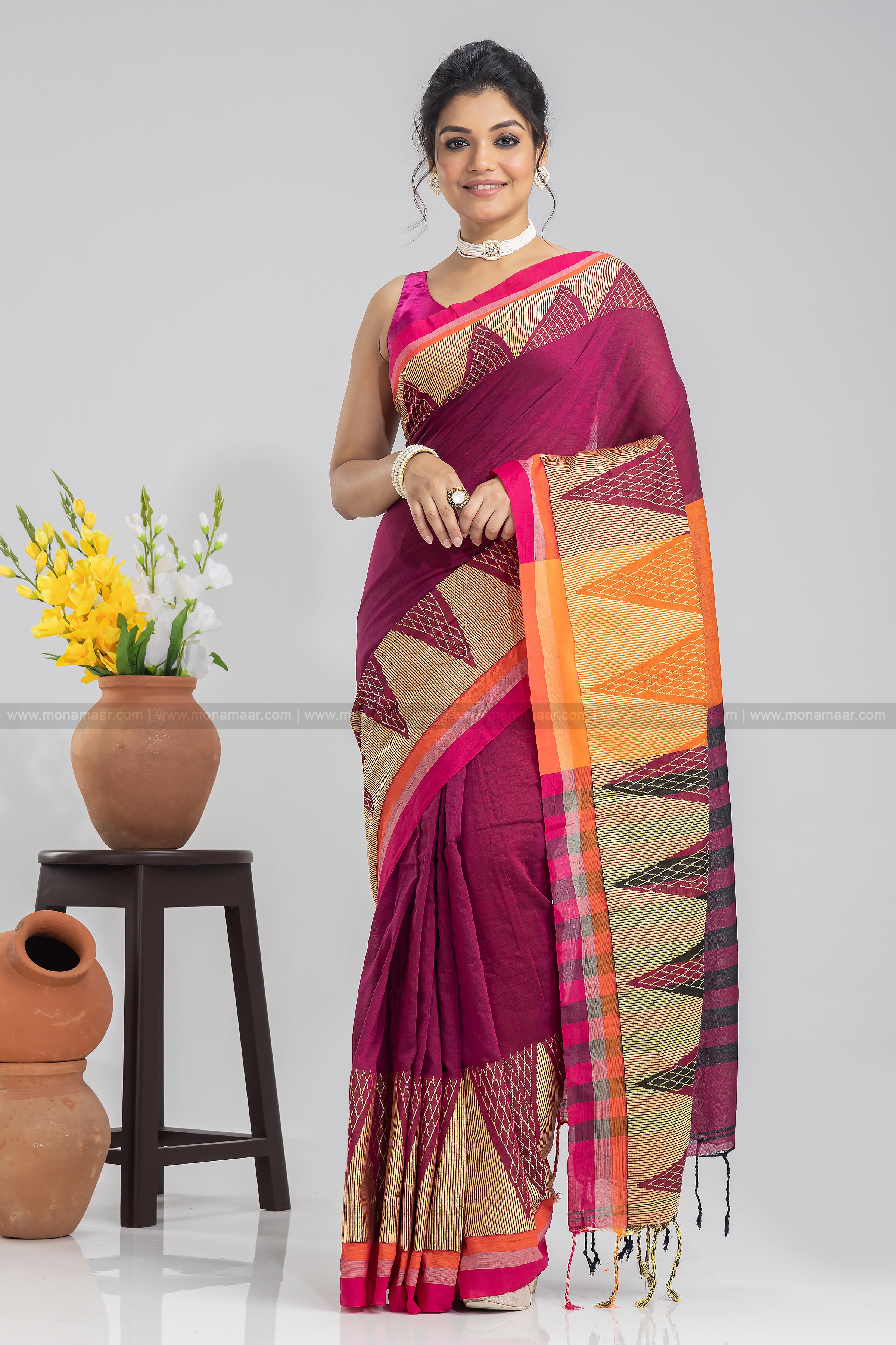 Mangalagiri Handloom Cotton by Pattu Saree Golden Yellow & Reddish-Purple  Color with Cotton thread temple border and contrast pallu and blouse-Indiehaat  – Indiehaat.com