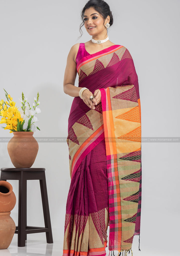 Wine Temple Border Khadi Saree