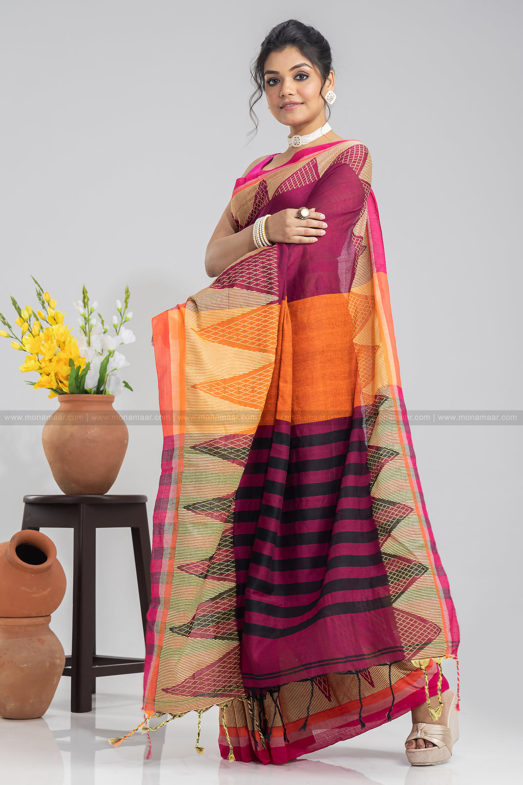 Wine Temple Border Khadi Saree