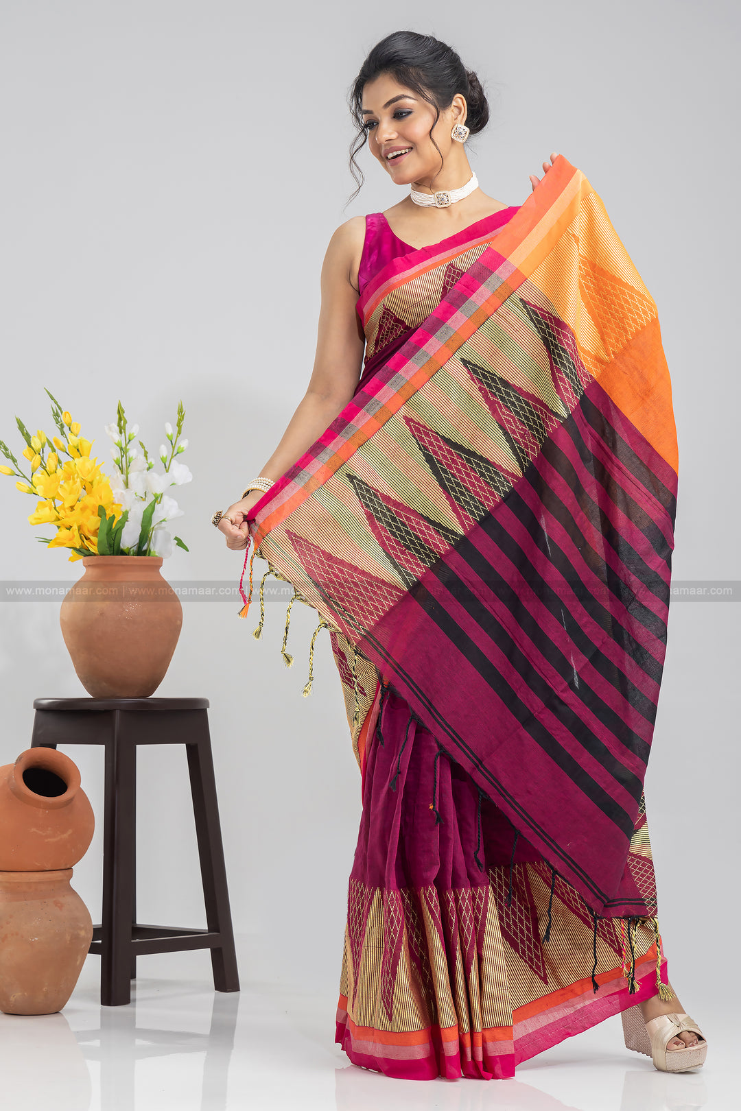 Wine Temple Border Khadi Saree