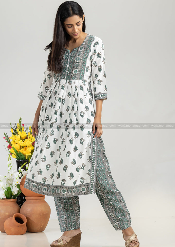 White Green Kurti Set