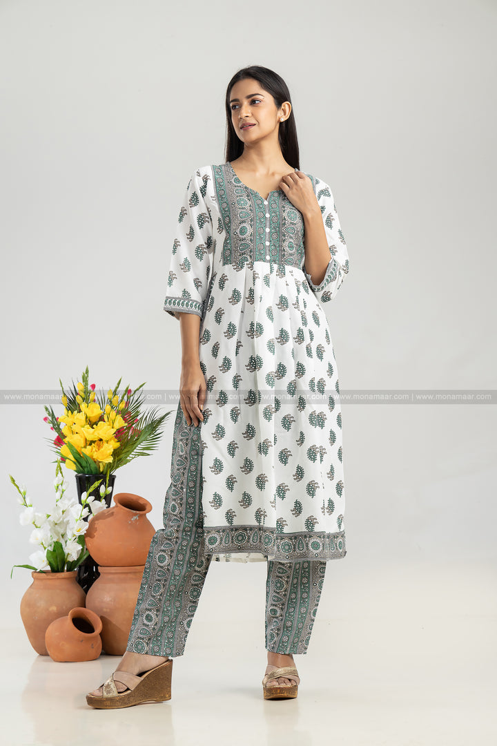 White Green Kurti Set