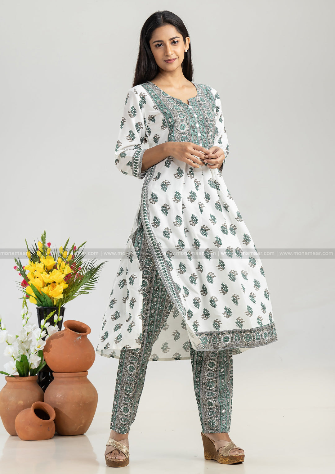 White Green Kurti Set