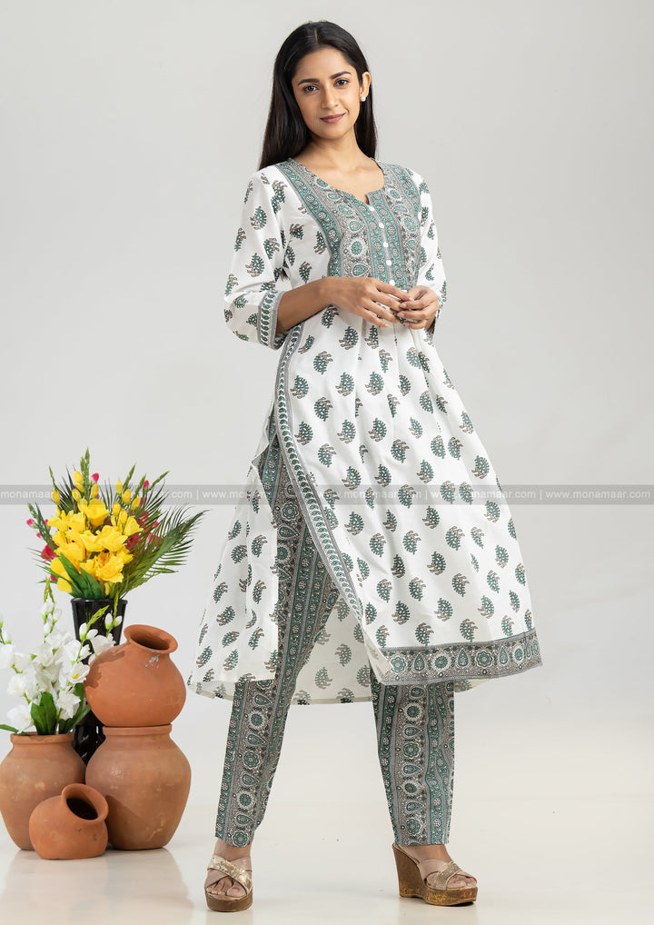 White Green Kurti Set