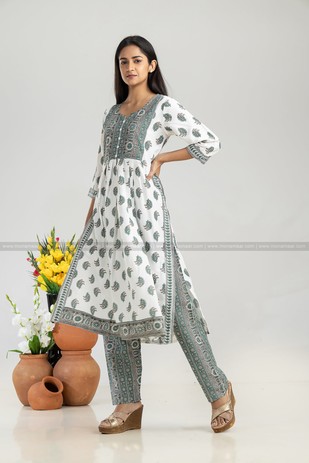 White Green Kurti Set