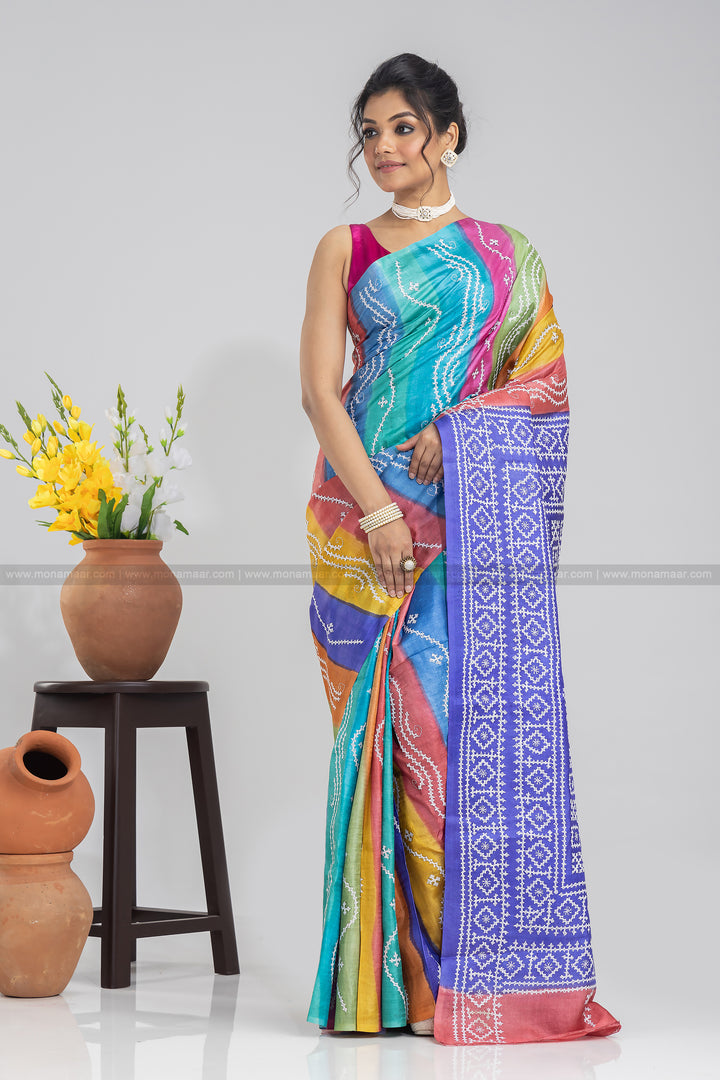 Multi Color Gujarati Embroidery Saree